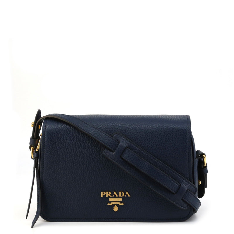 Flap Medium Black Leather Crossbody Navy Blue Bag Prada